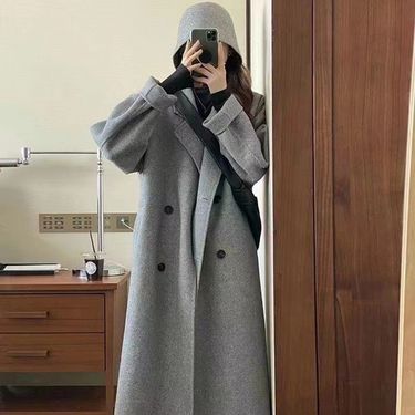 Women's Chunky Knit Double-Breasted Wool Coat Winter Oversized Trench Coat With Fur Collar_voghion.com