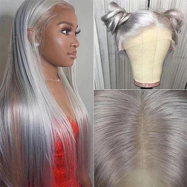 Lace Front Wigs Hot Sale in Long Straight Hair Silver Gray Human Hair Wigs Pre Plucked_voghion.com