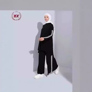 Autumn Wide-Leg High-Waist Slimming Muslim Fashion Striped Solid Color Set_voghion.com