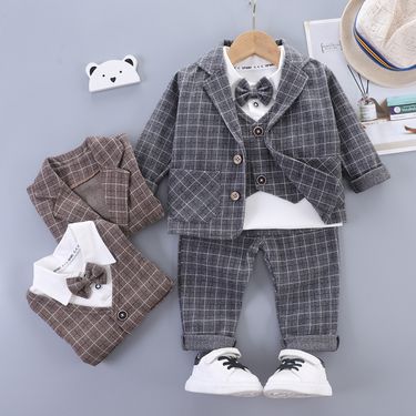 Boys Suits Autumn New Korean Style Casual Children's Plaid Bow Tie Three Piece Long Sleeved Trousers Three Piece Suit_voghion.com