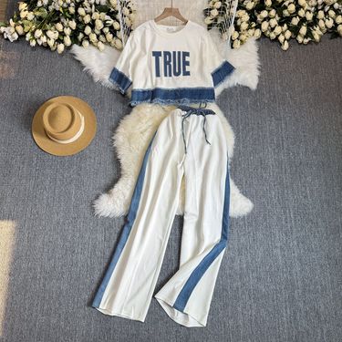 Summer Loose Pullover Short Sleeve Top Wide Leg Trousers Contrast Color Two Piece Sports Leisure Suit For Women_voghion.com