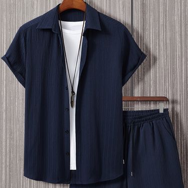 Men's Clothing Jacquard Men's Striped Short Sleeved Shirt Button Down Lapel Suit Men's Fashion Trend_voghion.com