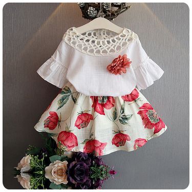New Korean children's clothing summer two-piece set, new baby girls with hollowed out collar, flared sleeve top, flower_voghion.com