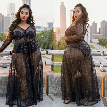 Women's Clothing Summer new fashion plus size women's clothing perspective sexy mesh sequins long dress_voghion.com