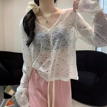 Polka dot knitted cardigan jacket, women's ice silk sunscreen thin style shawl, summer with camisole dress, outerwear_voghion.com