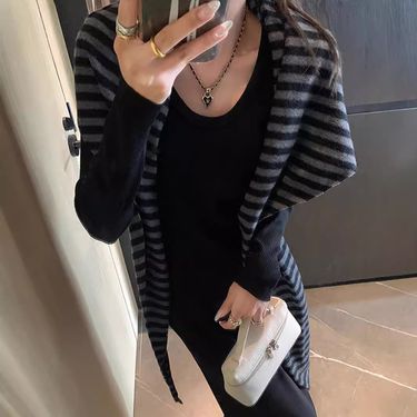 Women's Gray Striped Knit Shawl,2025 New_voghion.com