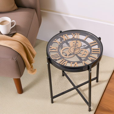 Industrial Style Mechanical Clock Side Table, End Table, Coffee Table, For Bedroom, Livingroom, Garden, Yard_voghion.com