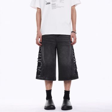 Distressed Washed Denim Shorts Unisex Loose American Style Ripped Wide Leg Straight Cropped Pants Trendy_voghion.com