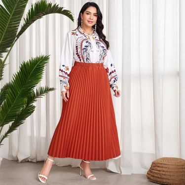 Women's Clothing Temperament Muslim Printed Shirt Pleated Large Size_voghion.com