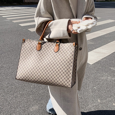 New Women's Bag Large Capacity Women's Bag Retro One Shoulder Large Bag Printed Tote Bag Commuter Handbag Brown Print Bag_voghion.com