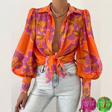 Spot Sexy Women's Puff Sleeve Lapel Long Sleeve Top Printed Shirt_mkmklike.com