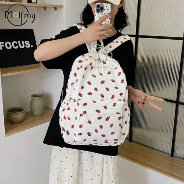 Corduroy Strawberry Backpack Student Multi Pocket Youth Adjustable Strap Notebook Outdoor Mochila Escolars 250408l_voghion.com