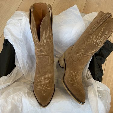 New Large Embroidered Western Cowboy Tall Boots For Women, V-neck Long Legged Knight Boots, Thick Heel Looks Thinner_voghion.com