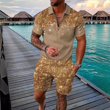 2024 Fashion Zipper Set for Men's Casual 3D Printed Polo Shirt Shorts_voghion.com