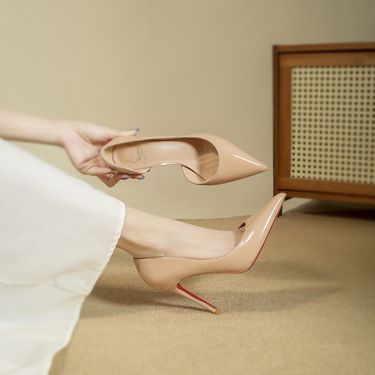 2025 Spring/Summer New Pointed Toe Elegant Patent Leather Nude Red Sole High Heels Women's Stiletto Side Cut Work Single_voghion.com
