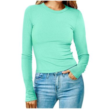 New Women's European And American Round Neck Long Sleeve Pit Stripe Short Solid Color Tops T Shirt Women_voghion.com