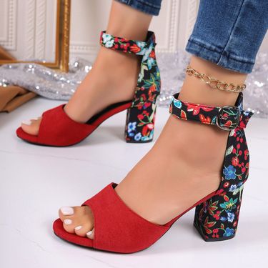 Internet celebrity color blocking buckle overized high-heeled 2024 ummer new fih mouth andal, floral fahion_voghion.com