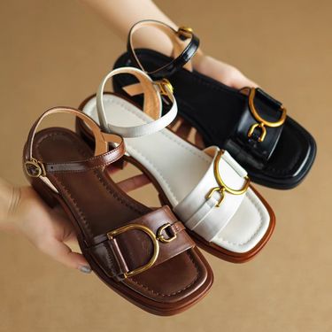 Soft Leather Brown Fashion Sandals For Women Summer Slim Open Toe One Strap Low Heel Metal Buckle Roman Shoes_voghion.com