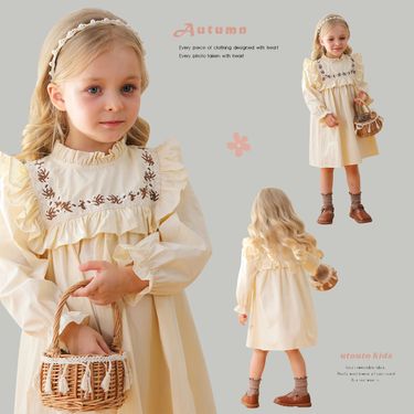 Mother & Kids Forest retro flower embroidery girl dress 2024 autumn style stand collar lotus leaf lace children's princess dress long sleeve_voghion.com