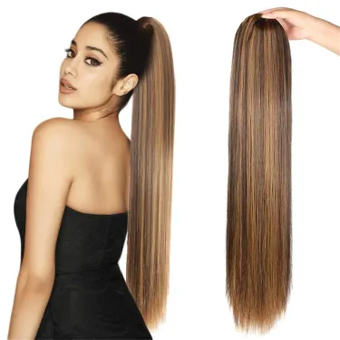 Straight Ponytail Human Hair Extensions P4/27 Color Drawstring Clip 22 24 26 Inches Women_voghion.com
