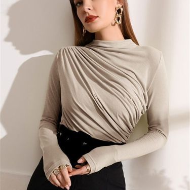 Women's fashion turtleneck design sense pleated long sleeve T-shirt top_voghion.com
