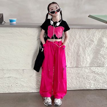 Mother&Kids Girls' suit Girls' butterfly short sleeve wide-leg overalls two-piece stylish set_voghion.com
