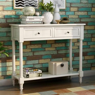 Console Table Traditional Design With Two Drawers And Bottom Shelf (Ivory White)_voghion.com