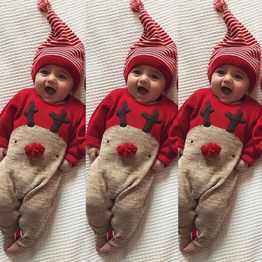 Boys and girls spring, autumn and winter Christmas deer long-sleeved harem striped hat baby crawling suit jumpsuit suit_voghion.com