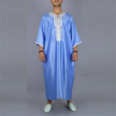 Men's Clothing Robe Mid Length Sleeve Blue Men's Muslim Robe_voghion.com