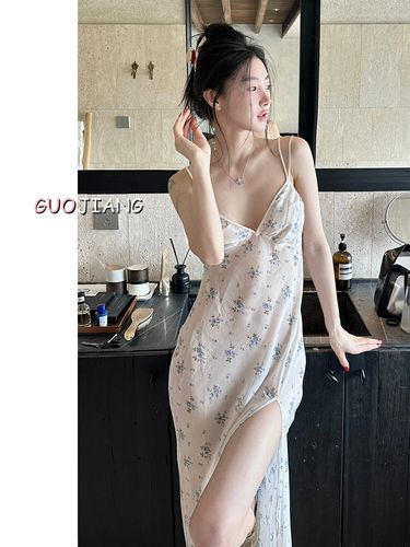 Pure Desire, Sexy V-neck Suspender Sleepwear, Women's Summer Floral Nightgown, Slimming And Split Vacation Long Skirt,_voghion.com