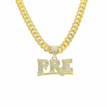 Hot selling full diamond letter PRE pendant necklace with men's punk style Cuban chain and personalized accessories_voghion.com
