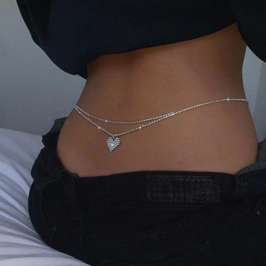 Sexy personality double layer heart pendant waist chain belly dance fashion full diamond belly button body chain accessories_voghion.com