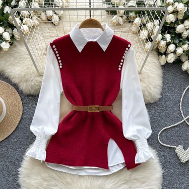 Women's Clothing Autumn outfit, stylish and age reducing, layered two piece suit for women, designer beaded split knitted vest + long sleeved shirt_voghion.com