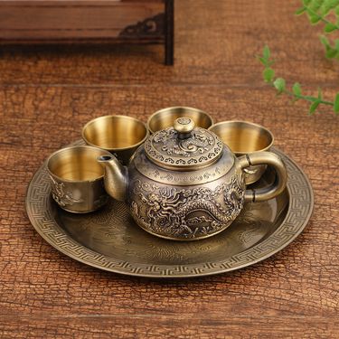 Home Furniture Classical exquisite zinc alloy tea set retro light luxury style home dragon and phoenix auspicious gift tea set ornaments_voghion.com