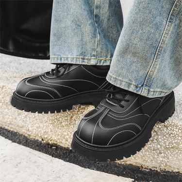 Men's Black Casual Derby Shoes With Round Toe & Thick Sole For Height Increase – Stylish & Comfortable Low-Top Shoes_voghion.com