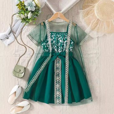 Kids’ Clothing Spring And Summer Style Ins Style Girls' Mesh Outer Shawl + Suspender Dress Suit Cross Border Exclusive Supply_voghion.com