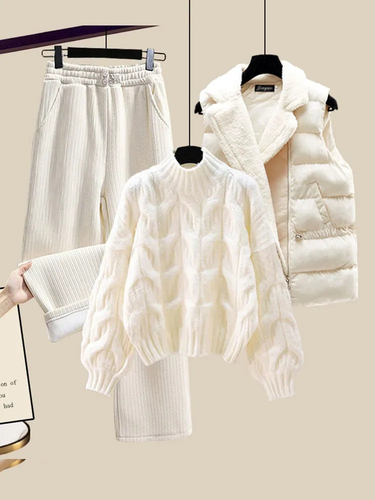 Winter Warm Three Piece Set Women Outfits Office Ladies Thicken Knitted Sweater+Lamb Wool Vest+pants Sets For Women_viptrois.com