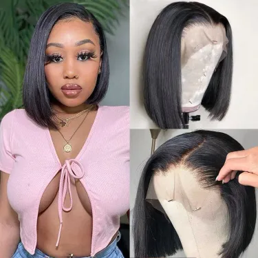 Straight Bob Human Hair Glueless Lace Front Wigs Pre Plucked with Baby Hair HD Transparent Lace_voghion.com