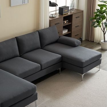 280*130*85 U-Shaped 4-Seat Linen Seat Frame Wooden Frame Back Iron Frame Silver Feet Indoor Modular Sofa Dark Gray_voghion.com