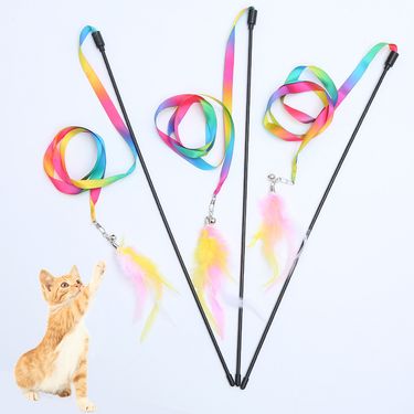 Unisex Pet supplies Rainbow cloth strip with feather teasing wand can replace interactive play cat toys_voghion.com