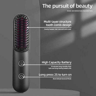 Wireless Ionic Straightening & Styling Brush – 2-in-1 Detangling & Curling, LCD Temperature Display, Fast USB-C Charging, Travel-Friendly_voghion.com