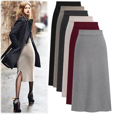Verve Women's Autumn Winter Fleece Knit Midi With Slits Elastic Tight Bodycon Skirt Spring_voghion.com
