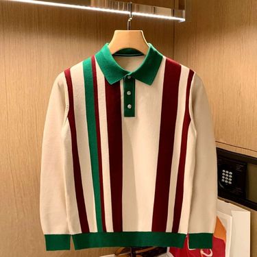 Autumn men's light mature style vertical striped knitted long sleeved polo shirt men's color matching fashion brand slim lapel sweater_voghion.com