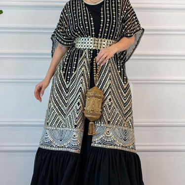 2023 spring and summer printing fashionable urban casual bat-sleeve pleated vest printed with belt two-piece set_viptrois.com