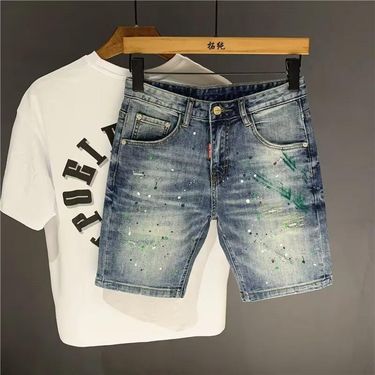 Men's Clothing Summer Ripped Denim Shorts Men's Trendy Brand Handsome Casual Straight Shorts Light Blue Ripped Shorts_voghion.com