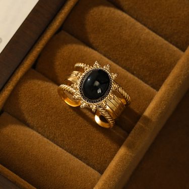 Fashion Obsidian Inlaid Stainless Steel Ring Women's Retro Light Luxury Opening Adjustable Gold-plated Ring_voghion.com