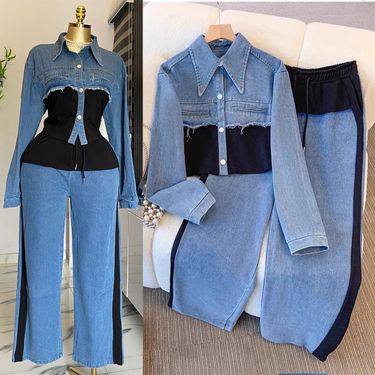 Women's Clothing Denim Patchwork Fashion Casual Suit Spring And Autumn New Long Sleeved Top + Wide Leg Long Pants Two Piece Suit_voghion.com