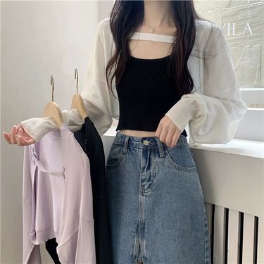 Ice silk sun protection cover jacket, women's summer thin knitted cardigan, camisole, outer cover, short style small_voghion.com
