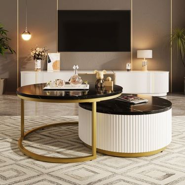 Modern Round Nesting Coffee Table Fluted With Drawer In 31.5''_voghion.com