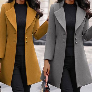 Autumn Winter Mid-Length Korean Style Turn-Down Collar Slim Fit Solid Color Woolen Coat For Women_voghion.com